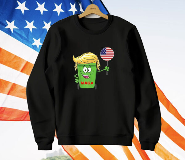 Funny Trump MAGA Cartoon Garbage Can American Flag T-Shirt