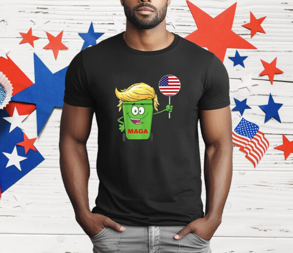 Funny Trump MAGA Cartoon Garbage Can American Flag T-Shirt