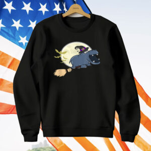 Hippo Witch Hat Riding Broom For Zoo Animal Lovers T-Shirt